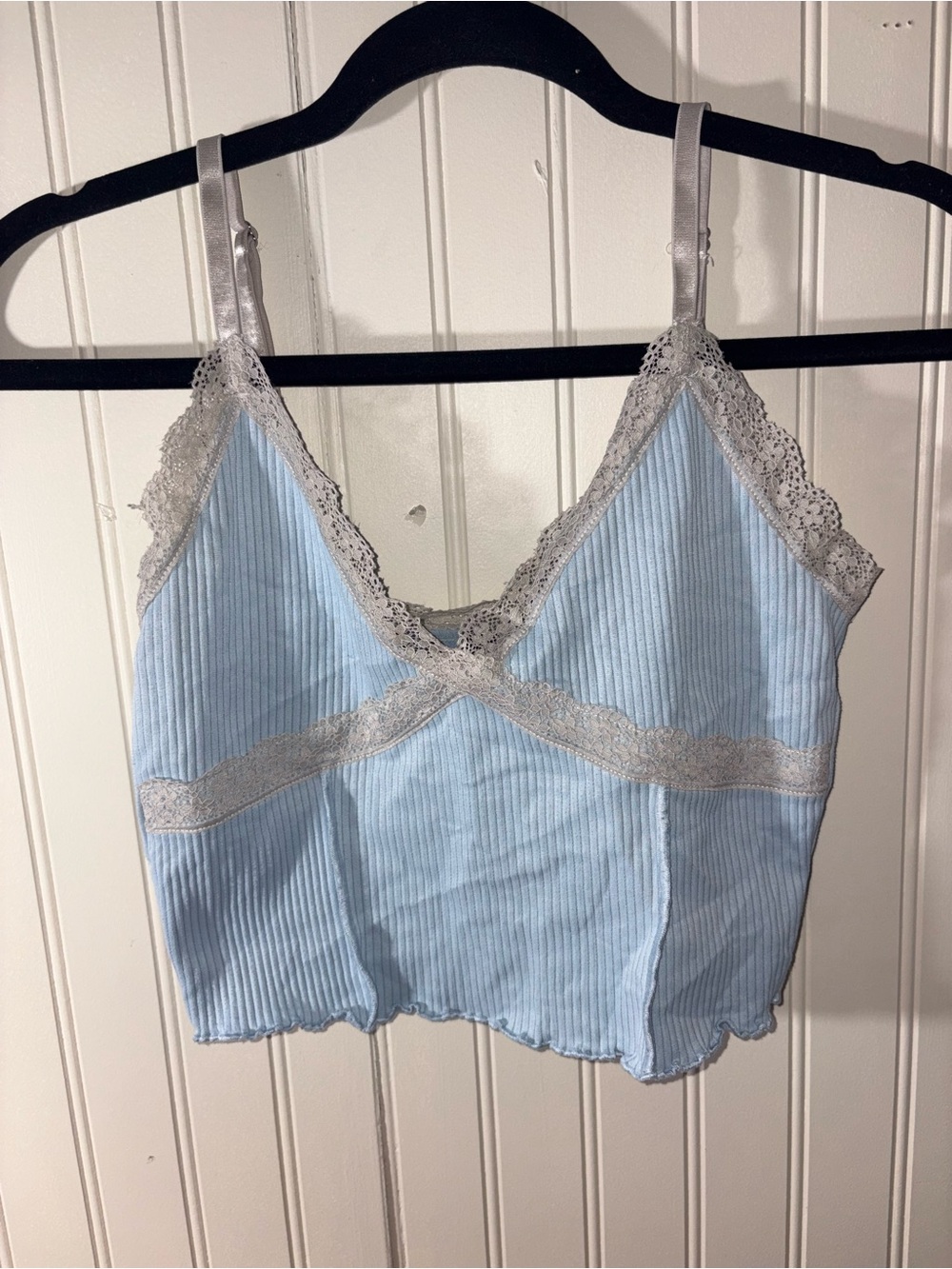 Divided Light Blue Ribbed Lace-Trim Bralette
